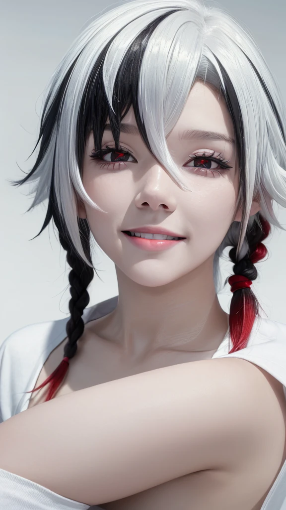 (close up:1.4), (RAW Shooting:1.2), (Reality:1.4), (masterpiece:1.3), (Highest quality:1.4), (bikini:1.3), White knee socks, swimsuit, flat chest, White hair, Black Hair, Colorful Hair, short hair, Straight Hair, White hair long braid, Glowing red eyes, Red X pupil, (focus, full-body shot, Smile)