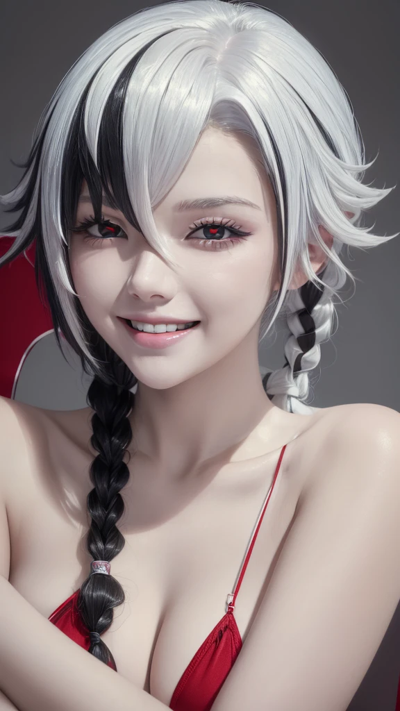 (close up:1.4), (RAW Shooting:1.2), (Reality:1.4), (masterpiece:1.3), (Highest quality:1.4), (bikini:1.3), White knee socks, , flat , White hair, Black Hair, Colorful Hair, short hair, Straight Hair, White hair long braid, Glowing red eyes, Red X pupil, (focus, full-body shot, Smile)