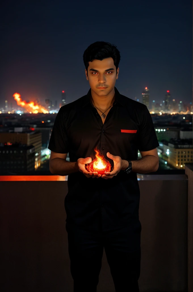 The men, black hair, red eyes, is standing, a black magic ball is burning in his hands. Behind him is the city, modern Moscow. A name which is written is "shivam"