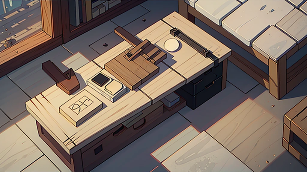 There is a rough stone table in the picture，On top of it is an open wooden box。Several woodworking tools are scattered in the wooden box，Like a shining saw、A used gavel and a faded leather glove。The sun shines through the window, casting mottled shadows，Rendering deep shadows and lights。