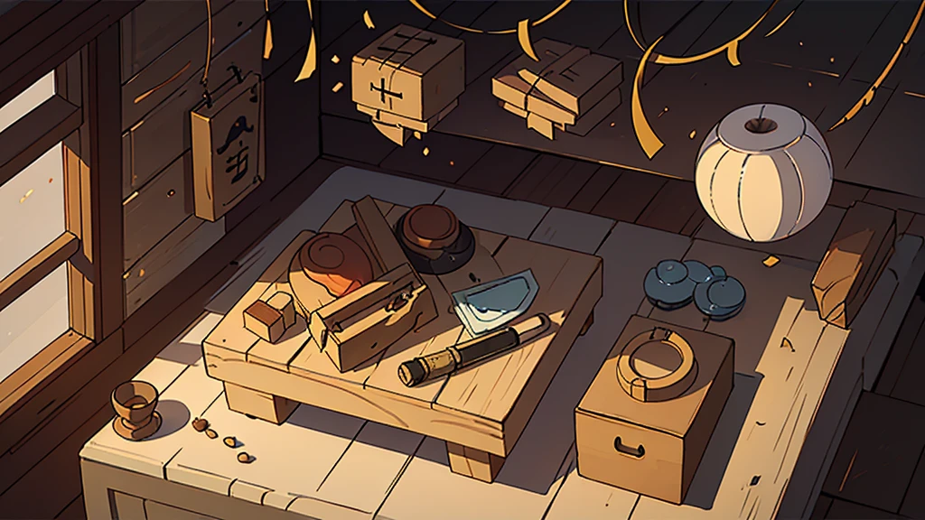 There is a rough stone table in the picture,On top of it is an open wooden box。Several woodworking tools are scattered in the wooden box,Like a shining saw、A used gavel and a faded leather glove。The sun shines through the window, casting mottled shadows,Rendering deep shadows and lights。