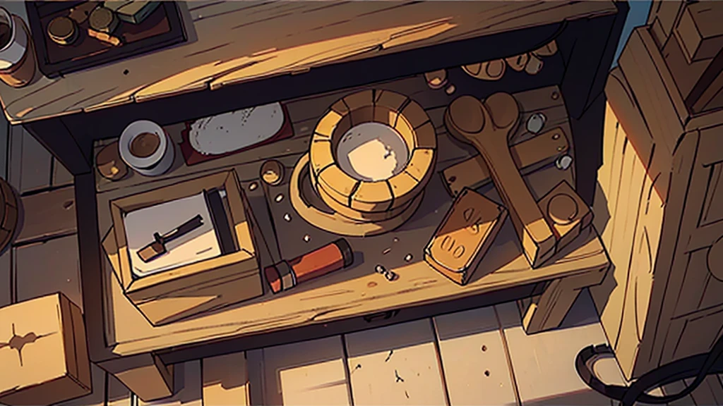 There is a rough stone table in the picture,On top of it is an open wooden box。Several woodworking tools are scattered in the wooden box,Like a shining saw、A used gavel and a faded leather glove。The sun shines through the window, casting mottled shadows,Rendering deep shadows and lights。