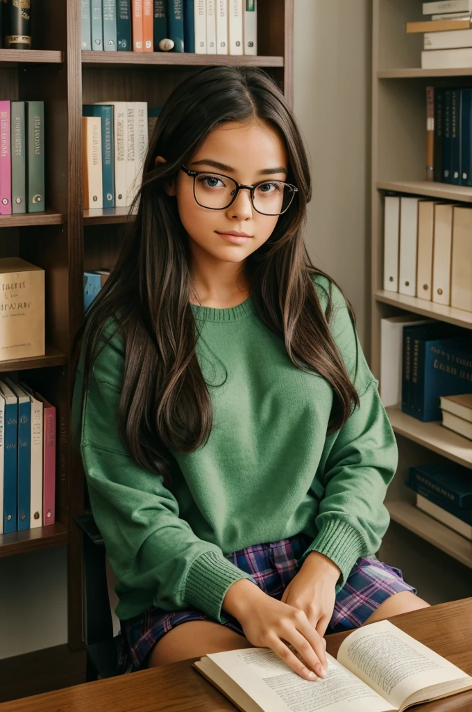 A girl is sitting in the office with lots of books and behind her a girl is sitting with glasses on her eyes and she is wearing a sweater and her hair is open and she is reading books.