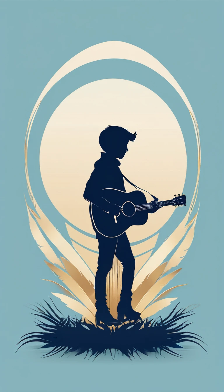 A minimal, modern, simple, cinematic logo design for the brand “Penamemoria". The logo design must be a simple, silhouette of a boy, standing up, playing acoustic guitar and fantasy feather by his side. The logo must convey a sense of music, stories, memories and dreams. Logo design impressed on a book cover. Minimalistic logo. Light blue, soft white and light golden as colors for the logo design