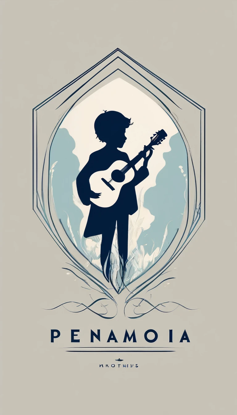 A minimal, modern, simple, cinematic logo design for the brand “Penamemoria". The logo design must be a simple, silhouette of a boy, standing up, playing acoustic guitar and fantasy feather by his side. The logo must convey a sense of music, stories, memories and dreams. Logo design impressed on a book cover. Minimalistic logo. Light blue, soft white and light golden as colors for the logo design 