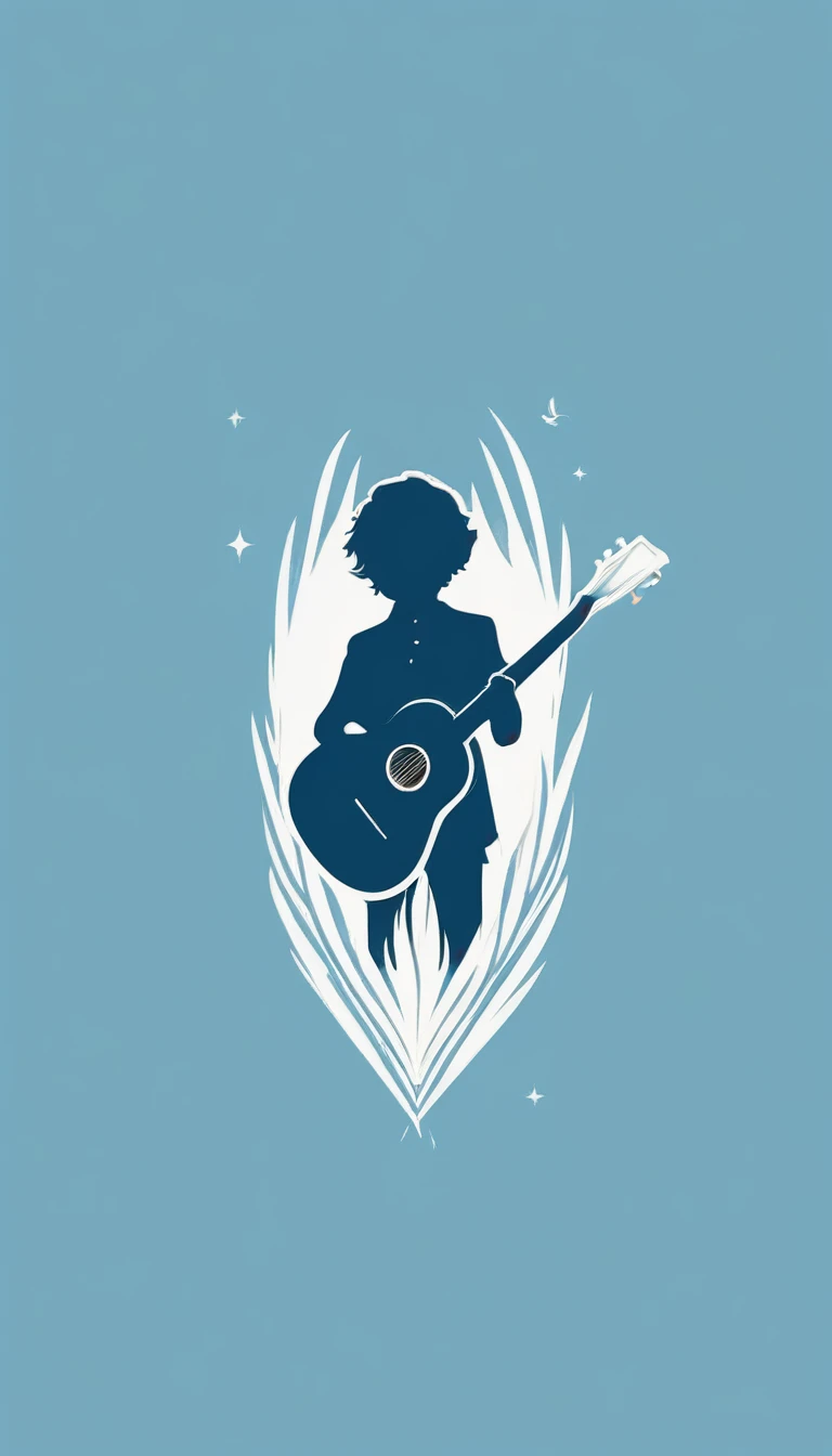 A minimal, modern, simple, cinematic logo design for the brand “Penamemoria". The logo design must be a simple, silhouette of a boy, standing up, playing acoustic guitar and fantasy feather by his side. The logo must convey a sense of music, stories, memories and dreams. Logo design impressed on a book cover. Minimalistic logo. Light blue, soft white and light golden as colors for the logo design