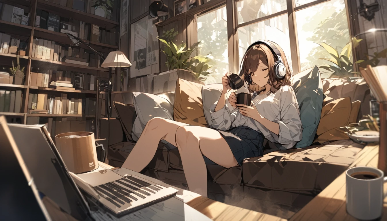 Girl wearing headphones,Drinking coffee while listening to jazz music,Brown Hair,relax