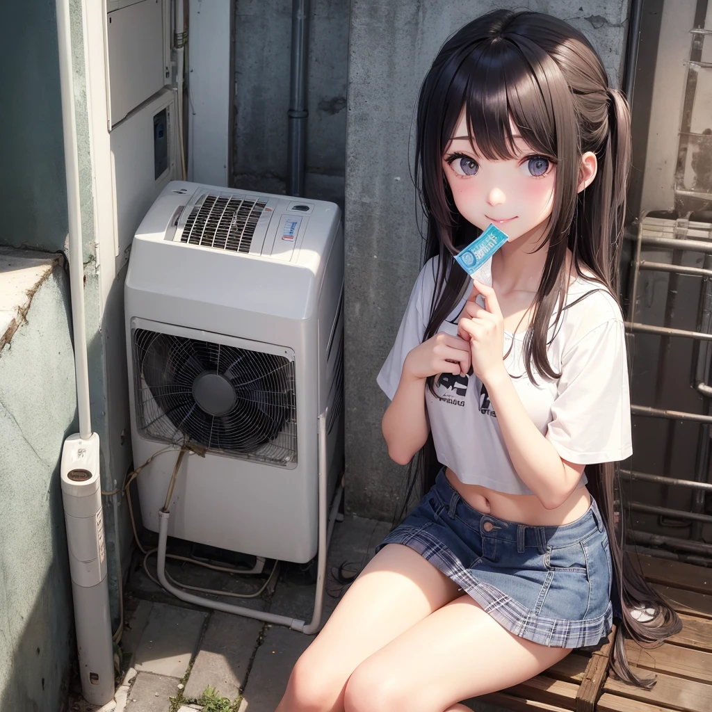 Raw Oyster Girl、Hold a condom in your mouth、A defiant smile、Lifting her skirt, a dark alley、Sit on the air conditioner's outdoor unit