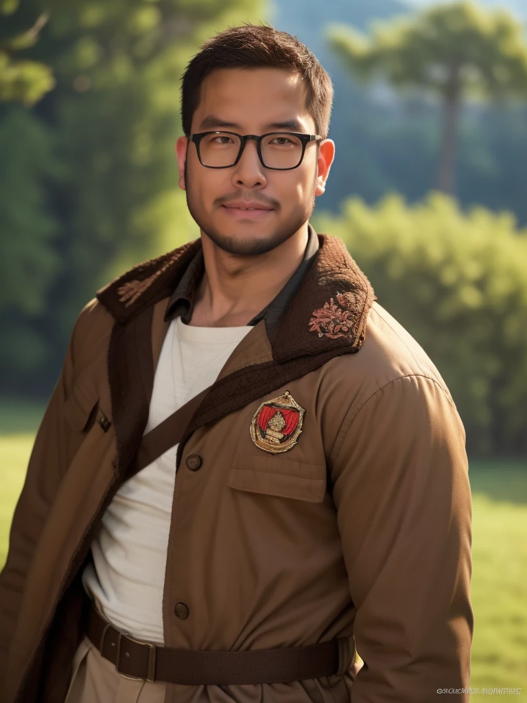 An award-winning original photo，a handsome 38-year-old man, crew cut, (((full body))), (((landscape))), mature man, [slightly fat], asian man, brown eyes, rounded face, glasses, slightly balding, 1boy, Solo, (big shoulders), (((stubbles, Short beard))), (((full beard))), (Beautiful eyes:1.3), (Detailed face:1.3), Dynamic Angle, volumetric lighting, (Best quality, A high resolution, Photorealistic), Cinematic lighting, Masterpiece, RAW photo, Intricate details, (extremely detailed 8k wallpaper), masterpiece 16k photo, masterpiece, best quality, 1boy, cowboy shot, delicate eyes, military uniform,  AK-47, AKM, kalashnikov_rifle, assault_rifle, holding_gun