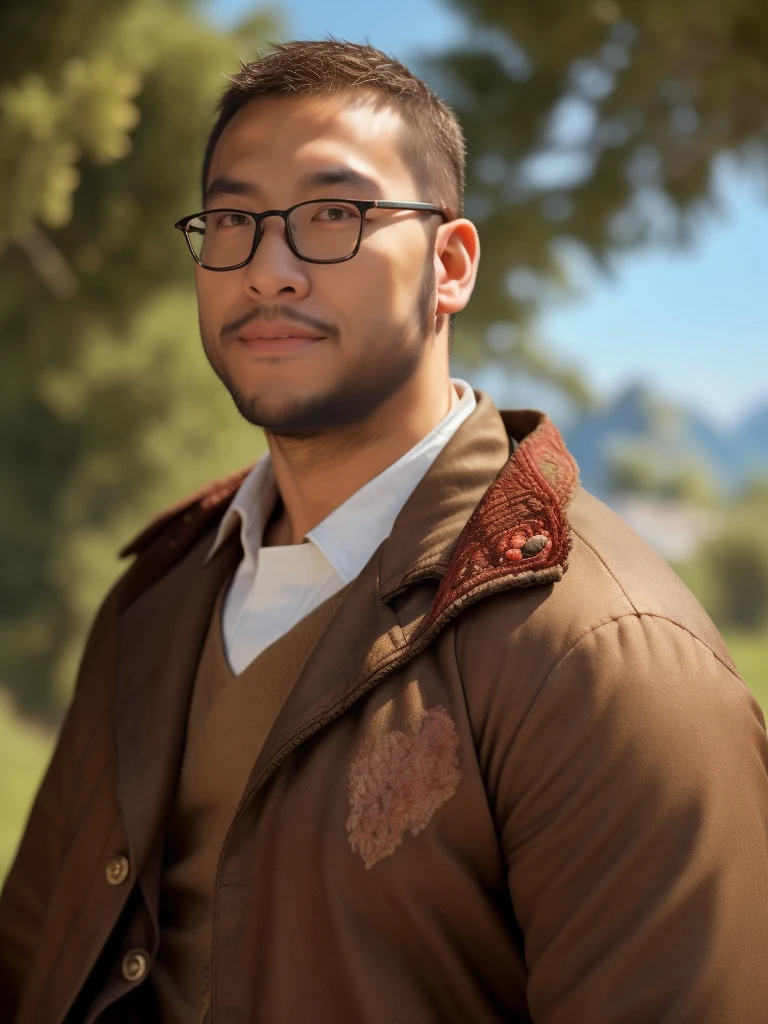 An award-winning original photo，a handsome 38-year-old man, crew cut, (((full body))), (((landscape))), mature man, [slightly fat], asian man, brown eyes, rounded face, glasses, slightly balding, 1boy, Solo, (big shoulders), (((stubbles, Short beard))), (((full beard))), (Beautiful eyes:1.3), (Detailed face:1.3), Dynamic Angle, volumetric lighting, (Best quality, A high resolution, Photorealistic), Cinematic lighting, Masterpiece, RAW photo, Intricate details, (extremely detailed 8k wallpaper), masterpiece 16k photo, masterpiece, best quality, 1boy, cowboy shot, delicate eyes, military uniform,  AK-47, AKM, kalashnikov_rifle, assault_rifle, holding_gun