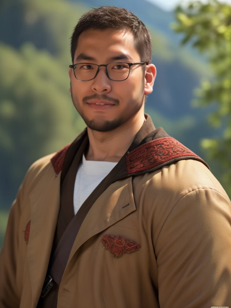 An award-winning original photo，a handsome 38-year-old man, crew cut, (((full body))), (((landscape))), mature man, [slightly fat], asian man, brown eyes, rounded face, glasses, slightly balding, 1boy, Solo, (big shoulders), (((stubbles, Short beard))), (((full beard))), (Beautiful eyes:1.3), (Detailed face:1.3), Dynamic Angle, volumetric lighting, (Best quality, A high resolution, Photorealistic), Cinematic lighting, Masterpiece, RAW photo, Intricate details, (extremely detailed 8k wallpaper), masterpiece 16k photo, masterpiece, best quality, 1boy, cowboy shot, delicate eyes, military uniform,  AK-47, AKM, kalashnikov_rifle, assault_rifle, holding_gun