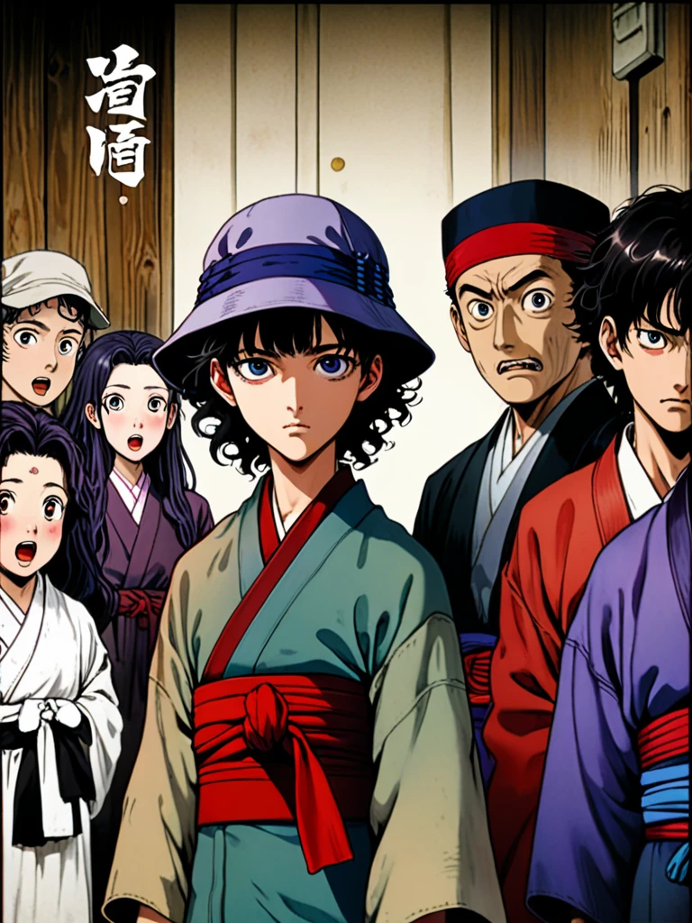 illust、art、from 80s horror movie, directed by Junji Ito、directed by seishi yokomizo、Despair Teacher、A young Japanese man with black, curly hair、Plain clothing、Wearing a khaki bucket hat、Wearing a haori、Wearing a collarless shirt、Hakama、Wearing geta、Scholar、cool、Nihil、high detail, realsitic shadow、Analog style, vhs style, 8mm film, chromatic aberration, Dvd screengrab、Blue-purple and red-purple gradation、Surrealism、Mystery、Horror、dark、1930s、Japanese style retro、古い日本のHorror小説の表紙