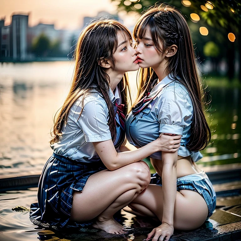 SFW, ((David Hamilton:1.37, White and vivid colors))、Extremely Detailed (Tiny Oppai-Loli Twins:1.37)、{(Dynamic-angle)|(from side)|(from back)|((from below:1.2))}、{(((Kissing face to face:1.41) Against the Nipples to Nipples Pressing hard))| (Standing Full Body:1.2) | ZoomedOut }、{(Floating hair with Strong wind)|(Ass focus)|French Braid|bun}、8K best quality、((Masterpiece:1.2、Photo-realistic:1.4)), { kodachrome | realistic | photorealistic | RAW }  BREAK 
 ((Detailed KAWAII Face、Detailed Radiant PearlSkin) with Transparency)、Smooth shading、(SoftFocus BokeH)、Soft Lighting、((school uniform with white Thongs))、{Flowers|Flower wreath|smile|Joyful|Pleasuring|Different types of hair colors}、{(Light Particles:1.2)|(Lens Flare)|(Luminescent Particles:0.6)}、{(((Just a heads above the Lake))) |Sparkling Lake surface|Splashing water|Before dawn|magic hour|morning glow|foggy|Haze|Colored Horizon}、{ThighGap | Whole Body proportions and all limbs are anatomically accurate | hidden hands | PUNIPUNI } .