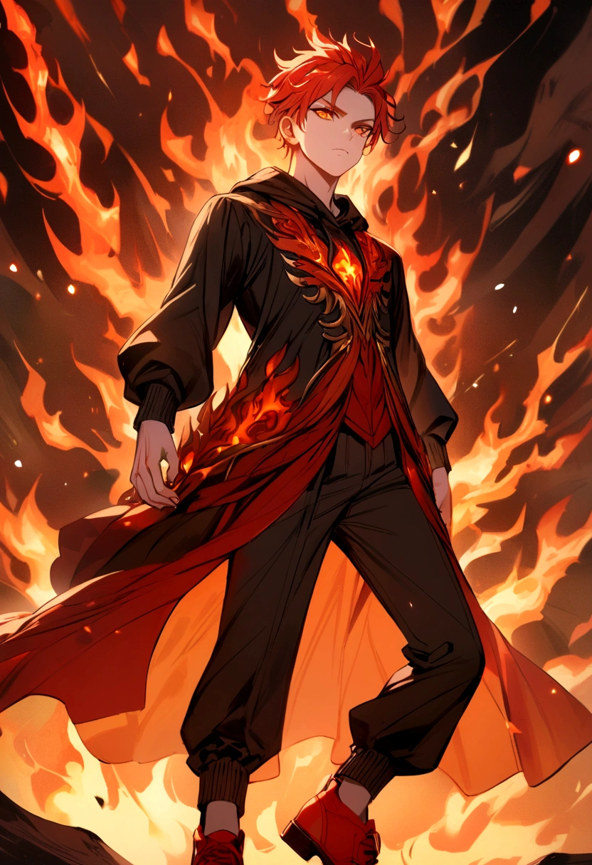 Boy with red hair backwards, orange eyes, black sweatshirt, red shoes, power of fire