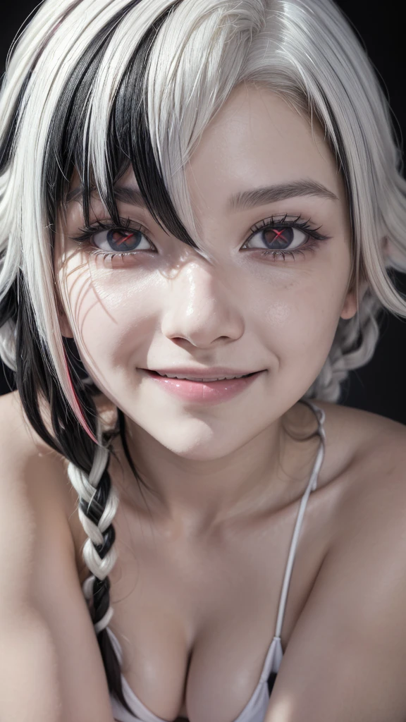 (close up:1.4), (RAW Shooting:1.2), (Reality:1.4), (masterpiece:1.3), (Highest quality:1.4), (bikini:1.3), White knee socks, swimsuit, flat chest, White hair, Black Hair, Colorful Hair, short hair, Straight Hair, White hair long braid, Glowing red eyes, Red X pupil, (focus, full-body shot, Smile)