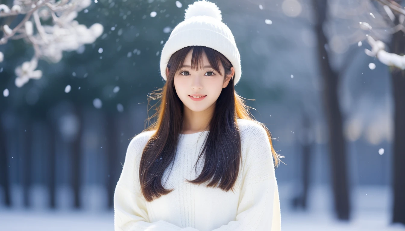 best quality, masterpiece,
Analog photo of Japanese idol girl wearing white sweater and white sweater hat, looking at viewer, long hair, Headshots, hold one&#39;s cheek with one hand, enlargement, very beautiful detailed face, medium chest, (Cute face, looks tempting), eye level,
professional photos, high contrast exposure, soft bokeh, high key light, solid shadow, soft bokeh, snowfall, snowfall background,