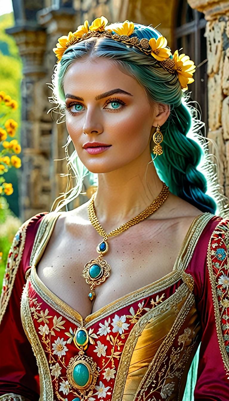 Generate a (hyperdetailed, realistic, Full Body), photo of Nia, (((turquoise color eyes))), (((long, silky, straight, Ombre blend of shimmering silver and celestial blue hair))), (((Position Nia with her long, silky hair styled in an elegant, low bun with sections of hair intricately braided and pinned back, adorned with small, delicate flowers woven into the braids))), (fair skin:1.4), (((Massive round natural breasts with deep cleavage))), (Massive round natural Breasts:1.8), (Greek and Russian mix ethnicity), (hourglass figure, perfect body, NSFW, perfect anatomy, masterpiece, best quality).(((She is wearing a flowing, floor-length Golden color medieval-style dress in rich Crimson Red jewel tones, the soft fabric complementing her curves. The dress features lace-up details, long sleeves, and intricate embroidery))) Nia walks through the castle courtyard, her dress trailing behind her on the cobblestone path. She glances over her shoulder with a serene smile, her braided and flower-adorned hair cascading down her back. The sun casts a warm, golden glow, highlighting the ancient stone walls and blooming garden. She wears a gold necklace with delicate round gold locket, its surface adorned with the symbol of an OWL. She is wearing a flowing, floor-length Golden color medieval-style dress in rich Crimson Red jewel tones. 8k, (Fit, Athletic, Tall), (Massive Breasts), (Highly detailed facial and skin texture), (Best quality, ultra detailed, Golden ratio, Masterpiece:1.2), (Theatrical lighting:0.7, Perfect rare face), (Highly detailed skin), skin texture, Pale skin, shiny skin, (thin, large size:1.2), [:(Sharp focus on rare face, perfect eyes:1.2):0.2], hyperdetailed photography, UHD, realistic skin texture, shot with Canon EOS 5D Mark IV and Canon EF 50mm f/1.4 USM lens, highly detailed.
