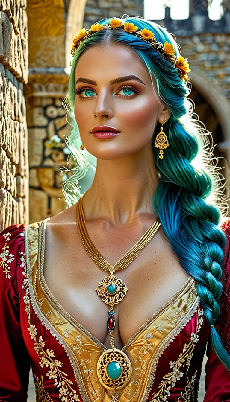 Generate a (hyperdetailed, realistic, Full Body), photo of Nia, (((turquoise color eyes))), (((long, silky, straight, Ombre blend of shimmering silver and celestial blue hair))), (((Position Nia with her long, silky hair styled in an elegant, low bun with sections of hair intricately braided and pinned back, adorned with small, delicate flowers woven into the braids))), (fair skin:1.4), (((Massive round natural breasts with deep cleavage))), (Massive round natural Breasts:1.8), (Greek and Russian mix ethnicity), (hourglass figure, perfect body, NSFW, perfect anatomy, masterpiece, best quality).(((She is wearing a flowing, floor-length Golden color medieval-style dress in rich Crimson Red jewel tones, the soft fabric complementing her curves. The dress features lace-up details, long sleeves, and intricate embroidery))) Nia walks through the castle courtyard, her dress trailing behind her on the cobblestone path. She glances over her shoulder with a serene smile, her braided and flower-adorned hair cascading down her back. The sun casts a warm, golden glow, highlighting the ancient stone walls and blooming garden. She wears a gold necklace with delicate round gold locket, its surface adorned with the symbol of an OWL. She is wearing a flowing, floor-length Golden color medieval-style dress in rich Crimson Red jewel tones. 8k, (Fit, Athletic, Tall), (Massive Breasts), (Highly detailed facial and skin texture), (Best quality, ultra detailed, Golden ratio, Masterpiece:1.2), (Theatrical lighting:0.7, Perfect rare face), (Highly detailed skin), skin texture, Pale skin, shiny skin, (thin, large size:1.2), [:(Sharp focus on rare face, perfect eyes:1.2):0.2], hyperdetailed photography, UHD, realistic skin texture, shot with Canon EOS 5D Mark IV and Canon EF 50mm f/1.4 USM lens, highly detailed.
