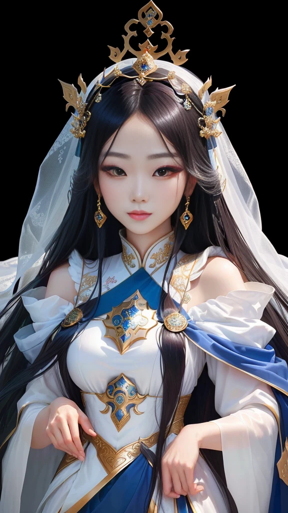 In costume、Close-up of a woman wearing a veil, Beautiful fantasy queen, Queen of the Sea Mu Yanling, ((Beautiful fantasy queen)), Inspired by Lan Ying, heise-lian yan fang, yun ling, Chinese Queen, Beautiful goddess, White Hanfu, Inspired by Roma, Xianxia, Chinese Goddess