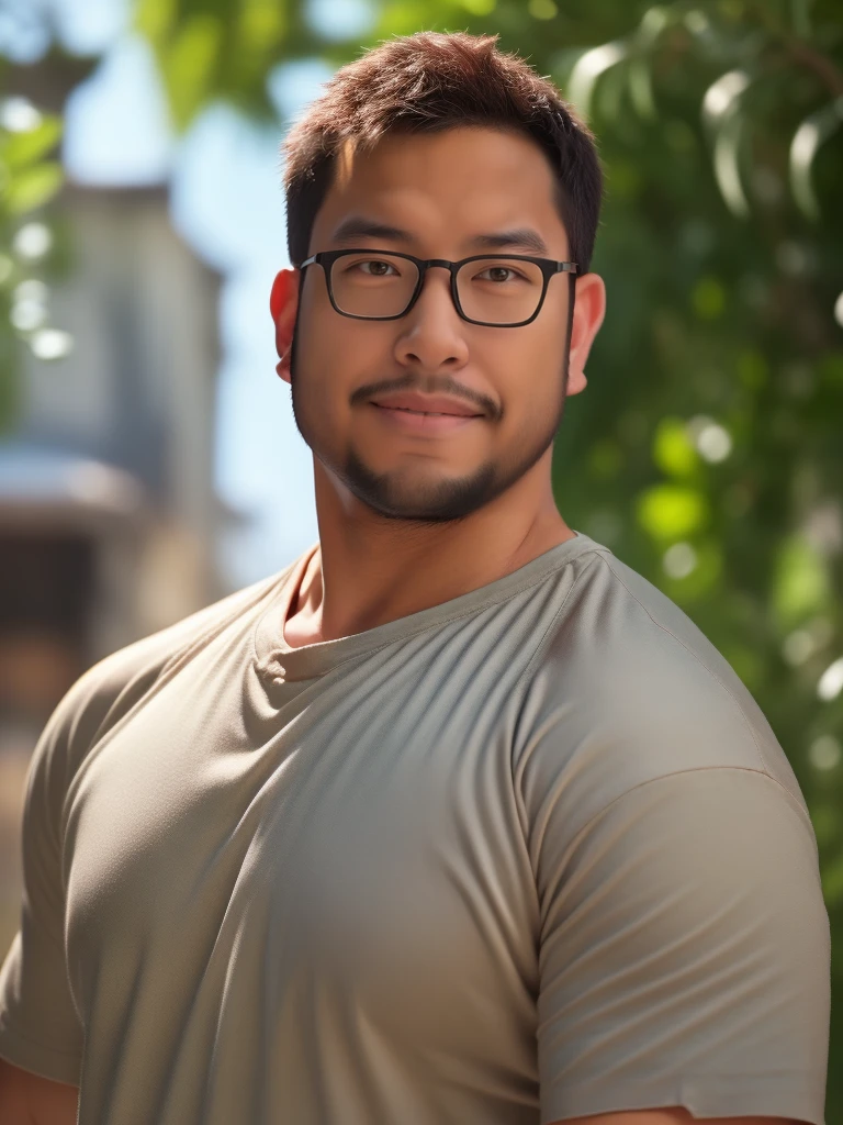 An award-winning original photo，a handsome 38-year-old man, crew cut, (((full body))), (((landscape))), mature man, [slightly fat], asian man, brown eyes, rounded face, glasses, slightly balding, 1boy, Solo, (big shoulders), (((stubbles, Short beard))), (((full beard))), (Beautiful eyes:1.3), (Detailed face:1.3), wearing glasses, Dynamic Angle, volumetric lighting, (Best quality, A high resolution, Photorealistic), Cinematic lighting, Masterpiece, RAW photo, Intricate details, (extremely detailed 8k wallpaper), masterpiece 16k photo, Portrait, face facing, cinematic photo of a Catalan male theologian, cinematic lighting, depth of field, bokeh, realism, photorealistic, hyperrealism, professional photography, uhd, dslr, hdr, ambient occlusion, iris and pupil rendering, advanced color classification, Nvidia RTX RayTracing