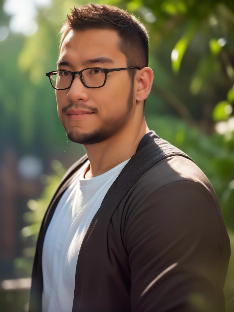 An award-winning original photo，a handsome 38-year-old man, crew cut, (((full body))), (((landscape))), mature man, [slightly fat], asian man, brown eyes, rounded face, glasses, slightly balding, 1boy, Solo, (big shoulders), (((stubbles, Short beard))), (((full beard))), (Beautiful eyes:1.3), (Detailed face:1.3), wearing glasses, Dynamic Angle, volumetric lighting, (Best quality, A high resolution, Photorealistic), Cinematic lighting, Masterpiece, RAW photo, Intricate details, (extremely detailed 8k wallpaper), masterpiece 16k photo, Portrait, face facing, cinematic photo of a Catalan male theologian, cinematic lighting, depth of field, bokeh, realism, photorealistic, hyperrealism, professional photography, uhd, dslr, hdr, ambient occlusion, iris and pupil rendering, advanced color classification, Nvidia RTX RayTracing