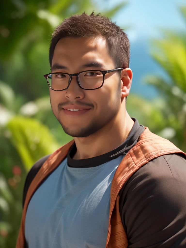 An award-winning original photo，a handsome 38-year-old man, crew cut, (((full body))), (((landscape))), mature man, [slightly fat], asian man, brown eyes, rounded face, glasses, slightly balding, 1boy, Solo, (big shoulders), (((stubbles, Short beard))), (((full beard))), (Beautiful eyes:1.3), (Detailed face:1.3), wearing glasses, Dynamic Angle, volumetric lighting, (Best quality, A high resolution, Photorealistic), Cinematic lighting, Masterpiece, RAW photo, Intricate details, (extremely detailed 8k wallpaper), masterpiece 16k photo, Portrait, face facing, cinematic photo of a Catalan male theologian, cinematic lighting, depth of field, bokeh, realism, photorealistic, hyperrealism, professional photography, uhd, dslr, hdr, ambient occlusion, iris and pupil rendering, advanced color classification, Nvidia RTX RayTracing