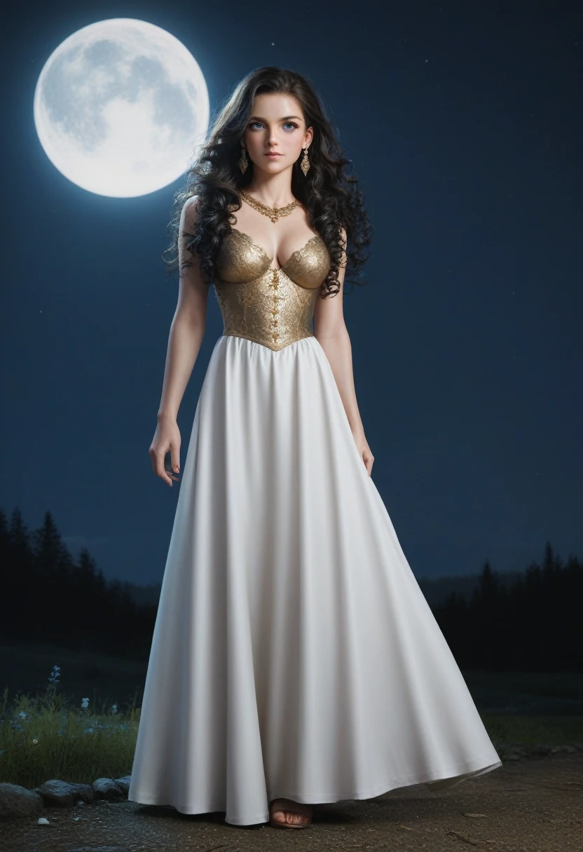 score_9, score_8_up, score_7_up, score_6_up, rating: safe, 1girl, solo, (black_hair:1.5), wavy_hair, jewelry, dress, blue_eyes, earrings, (long_hair:1.5), looking_at_viewer, curly_hair, full_body, lips, lace, white_dress, gold_dress, (night:1.3), cxqz8r, medieval_dress, medieval_landscape, fullmoon, rpg, (rape_face:1.3), narrow_waist, (skinny:1.3), (pale_skin:1.4), (uso_da:1.5), (large_breasts:1.2)
