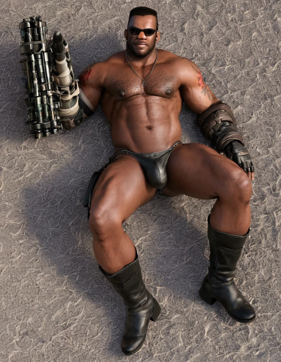 barret, dark skin male with gun arm and tattoo, sunglasses, bulk , shirtless , (nude) , full body , black boots , bulge , laying spread legs