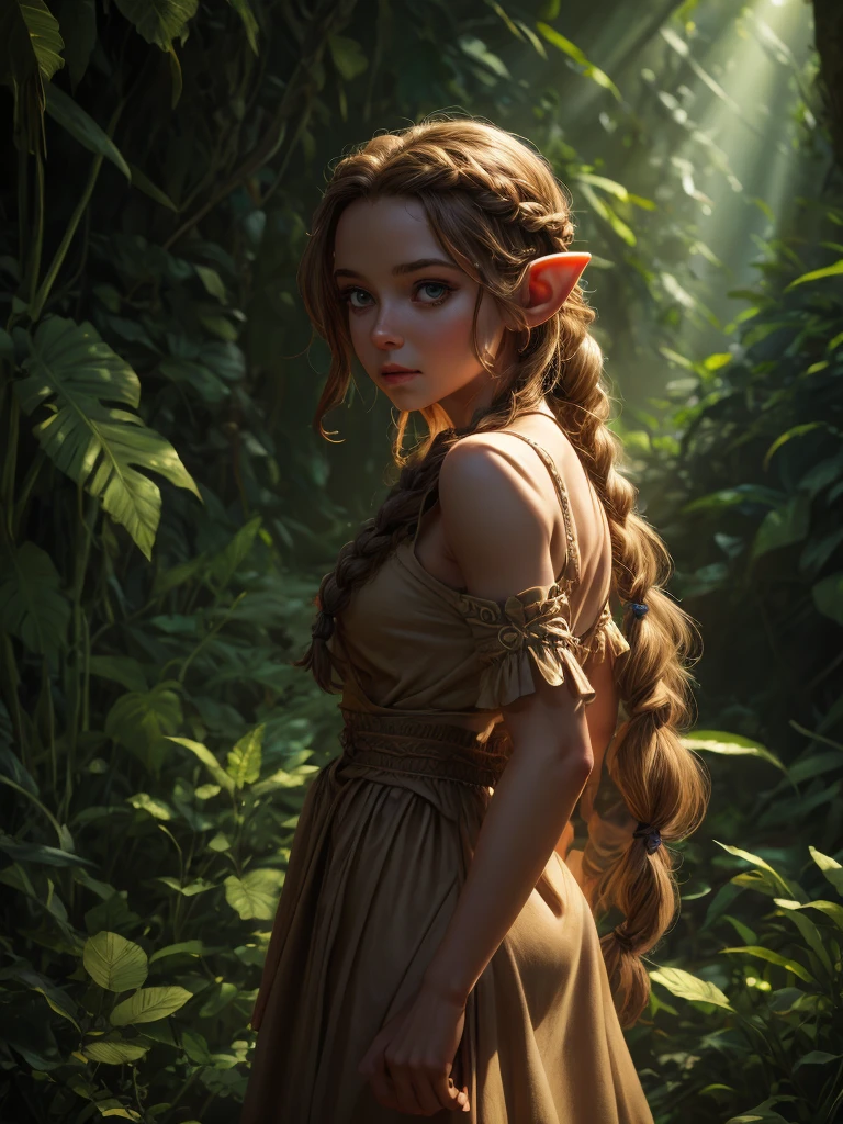 looking back elf girl portrait, curly two braid long hair, in a jungle, wearing elf dress, 8k, RAW photo, best quality, masterpiece, high detail RAW color photo, dramatic lighting, cinematic lighting, back light, professional lighting