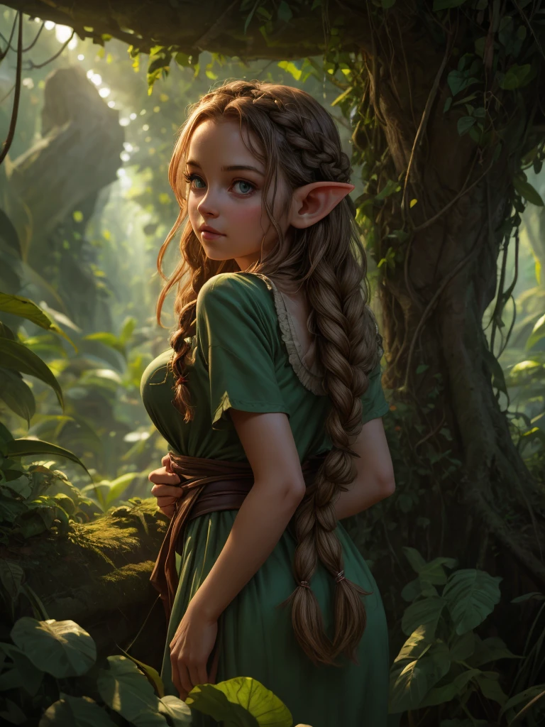 looking back elf girl portrait, curly two braid long hair, in a jungle, wearing elf dress, 8k, RAW photo, best quality, masterpiece, high detail RAW color photo, dramatic lighting, cinematic lighting, back light, professional lighting