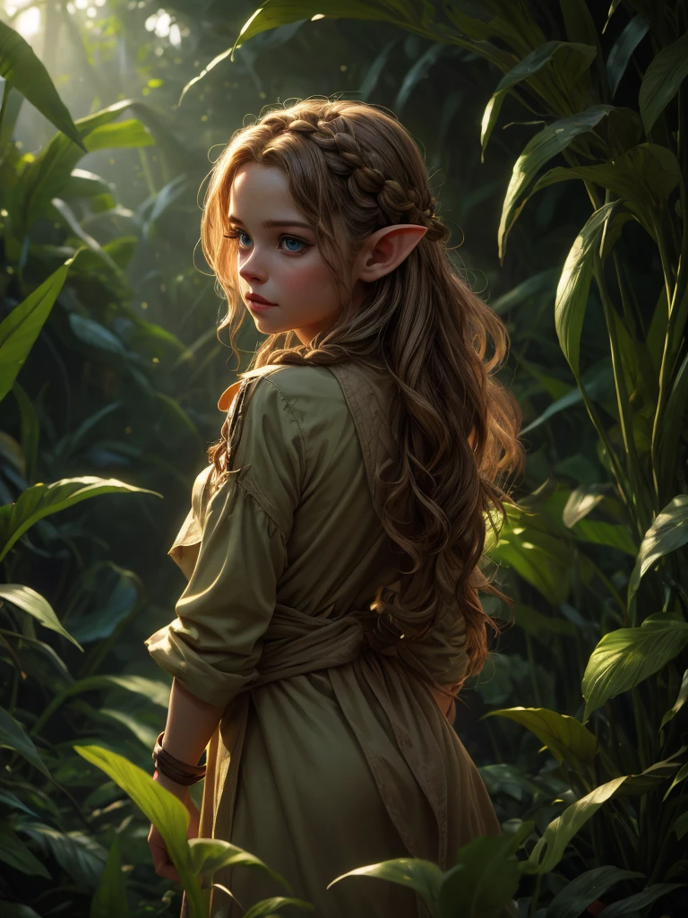 looking back elf girl portrait, curly two braid long hair, in a jungle, wearing elf dress, 8k, RAW photo, best quality, masterpiece, high detail RAW color photo, dramatic lighting, cinematic lighting, back light, professional lighting