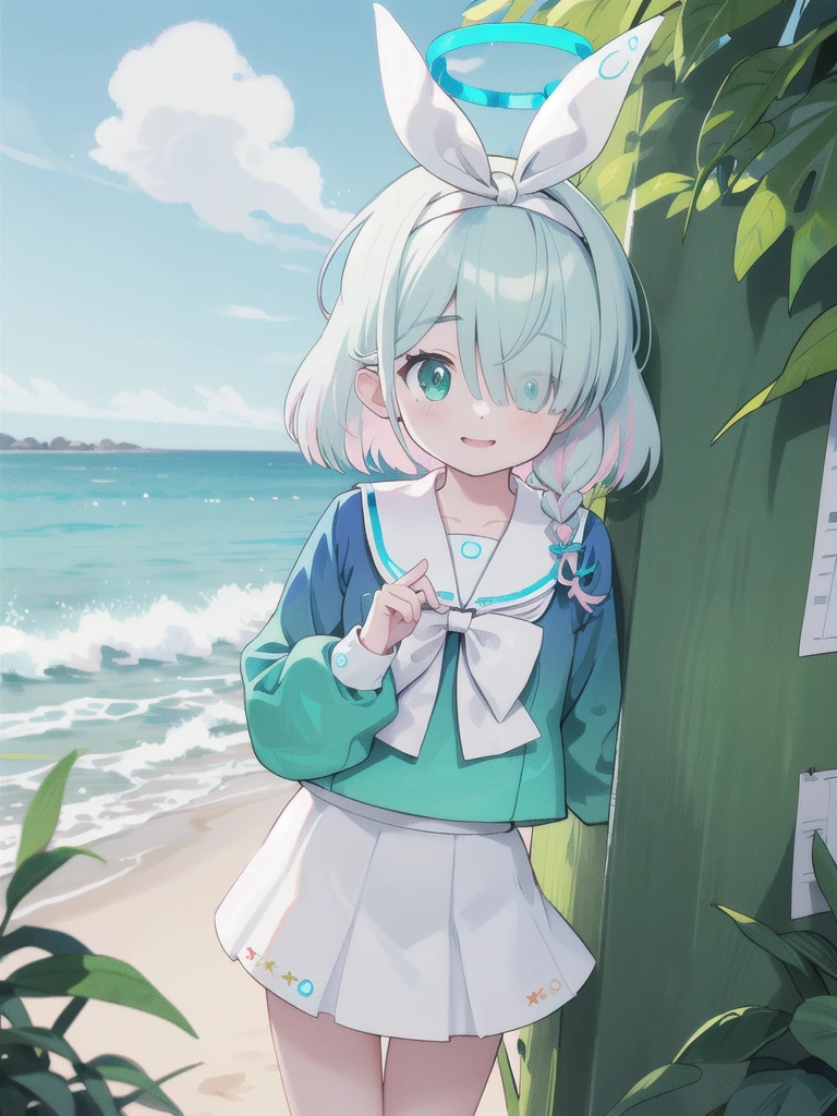 Best of Masterpiece_Quality Alona 1 Girl White_Hairband bow_Short halo headband_hair single_Blade Arona_(green_archive) solo green_eyes green_Hair braids smile multicolor_hair ocean bow Sailor_Collar Beach White_Sailor_collar outdoors cloud sky shirt bangs green_shirt school_Uniform Pink_Hair Headband Long_Sleeves are white_skirt open_Monologue_Bow White_Headband skirt_枫图-枫图方å¼_post