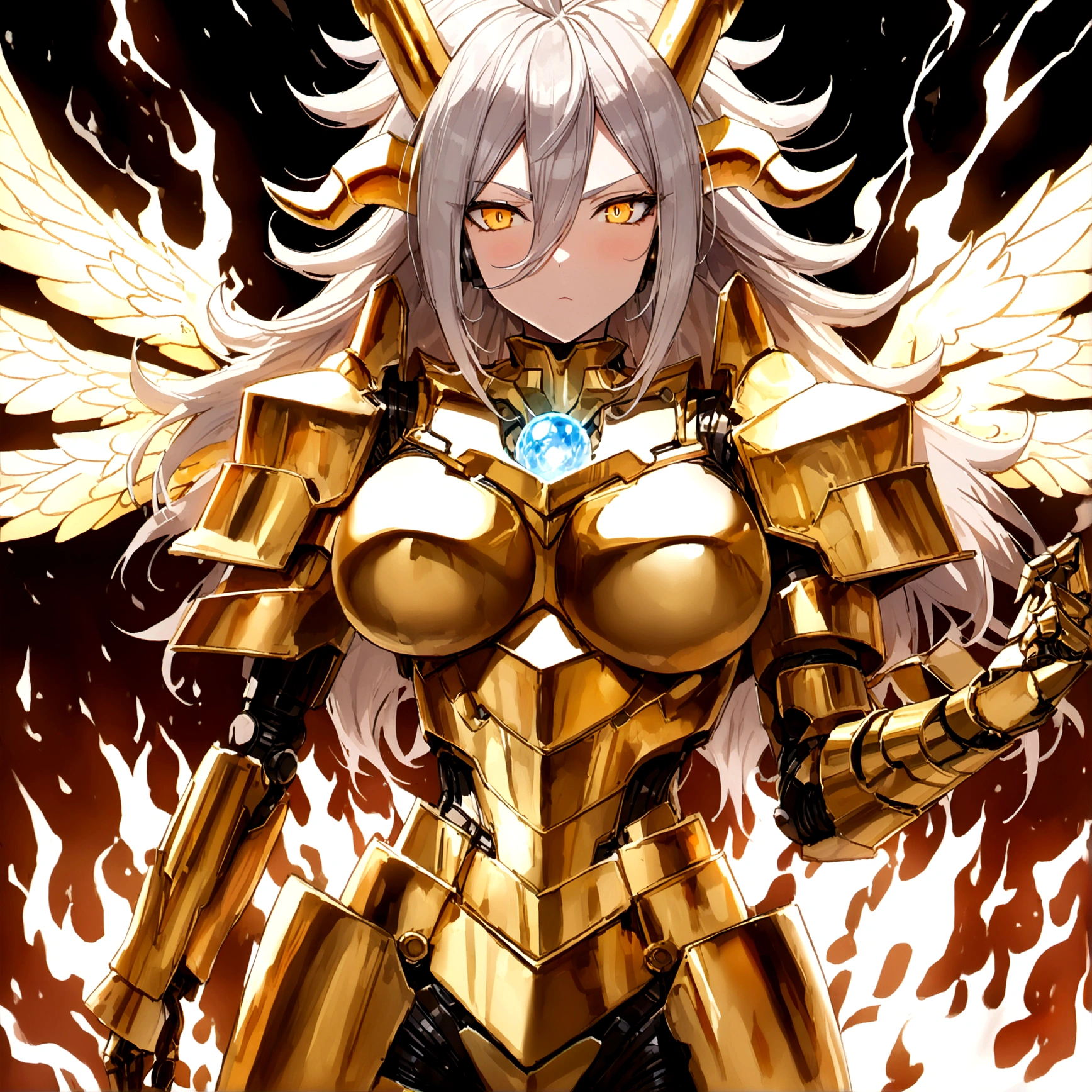 ((Lightning Power)), ((Electricity)), ((Fire Background)), ((Lightning Storm)), ((Power Erupting)), (((((android 21))))), ((((SUN Rasengan)))), (((Evil Power))), (((white Coat))), ((())), (((((Big :1,3)))), luxury bustier corset, (((silver hair))), (((Very slim waist))), propotional body, ((Gorgeous)), (((Fire Blazing Horns))), ((((gold wings))), masterpiece, hyperdetail, ambient effect, digital effect, (((Fire Gold Armor))), (((Lightning Gold Wings)))
