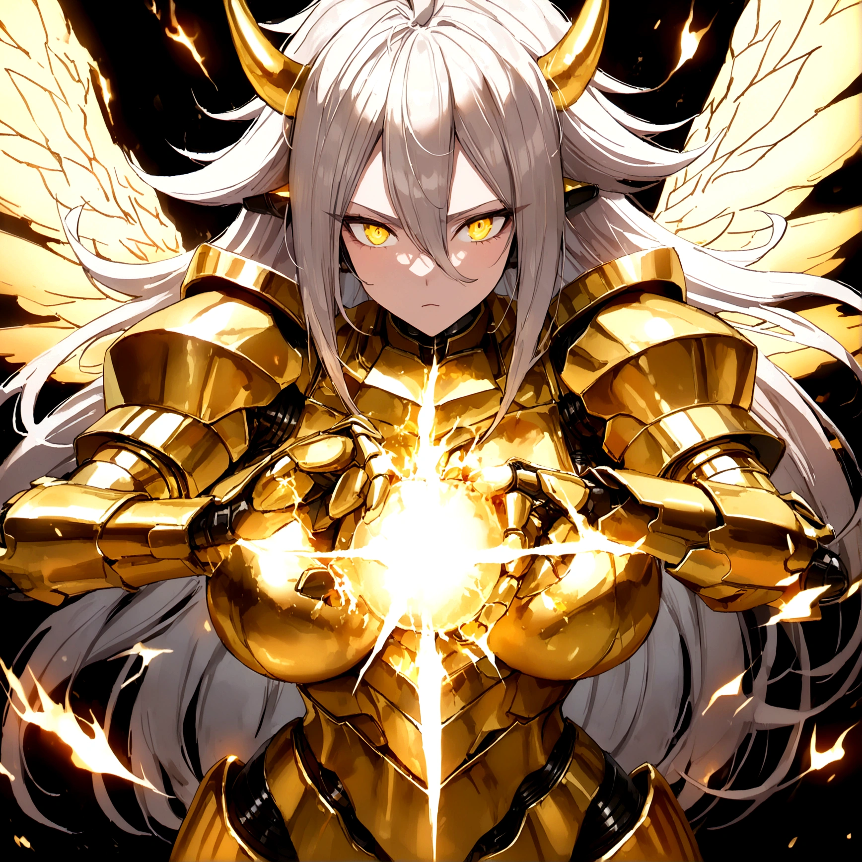 ((Lightning Power)), ((Electricity)), ((Fire Background)), ((Lightning Storm)), ((Power Erupting)), (((((android 21))))), ((((SUN Rasengan)))), (((Evil Power))), (((white Coat))), (((Busty))), (((((Big breast:1,3)))), luxury bustier corset, (((silver hair))), (((Very slim waist))), propotional body, ((Gorgeous)), (((Fire Blazing Horns))), ((((gold wings))), masterpiece, hyperdetail, ambient effect, digital effect, (((Fire Gold Armor))), (((Lightning Gold Wings)))
