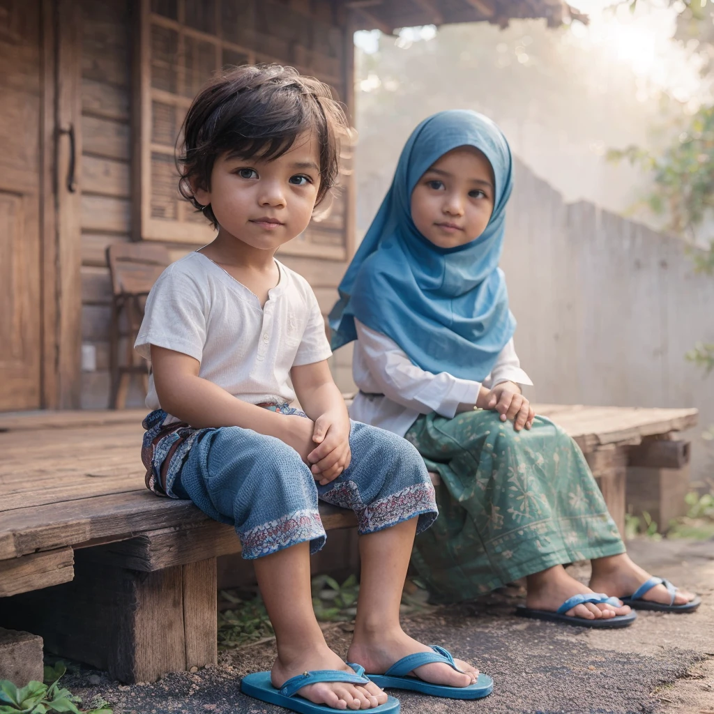 realistic little boy in realistic leather wearing a cap, sarong, white short sleeve shirt, flip-flops  & Muslim girl wearing blue hijab, flip-flops, in front of the wooden house it was quiet, they both look friendly, the hazy morning atmosphere gives a dynamic and colorful atmosphere to the scene. super detailed image quality,