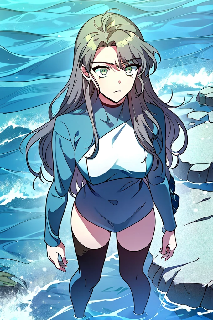 ((((High-resolution detailed face, detailed eyes:0.9))), 1girl, serious, standing, (standing on rocks, ocean background:0.9), blue eyes, long hair, wavy hair, ((wavy hair with seaweed:0.7)), green skin, ((defined facial features:0.9)), (segmented body), (detailed fingers), (ocean-blue clothing), ((wavy seaweed around arms), (seaweed wrapped around legs), (ocean-blue sea life:0.9))), looking down, ((focused gaze)), ((hands resting on hips)), full-body shot, outdoor, ocean, sea life, ocean waves, ripples:0.9, 25 years old, (wistful expression), (((oceanic surroundings))),