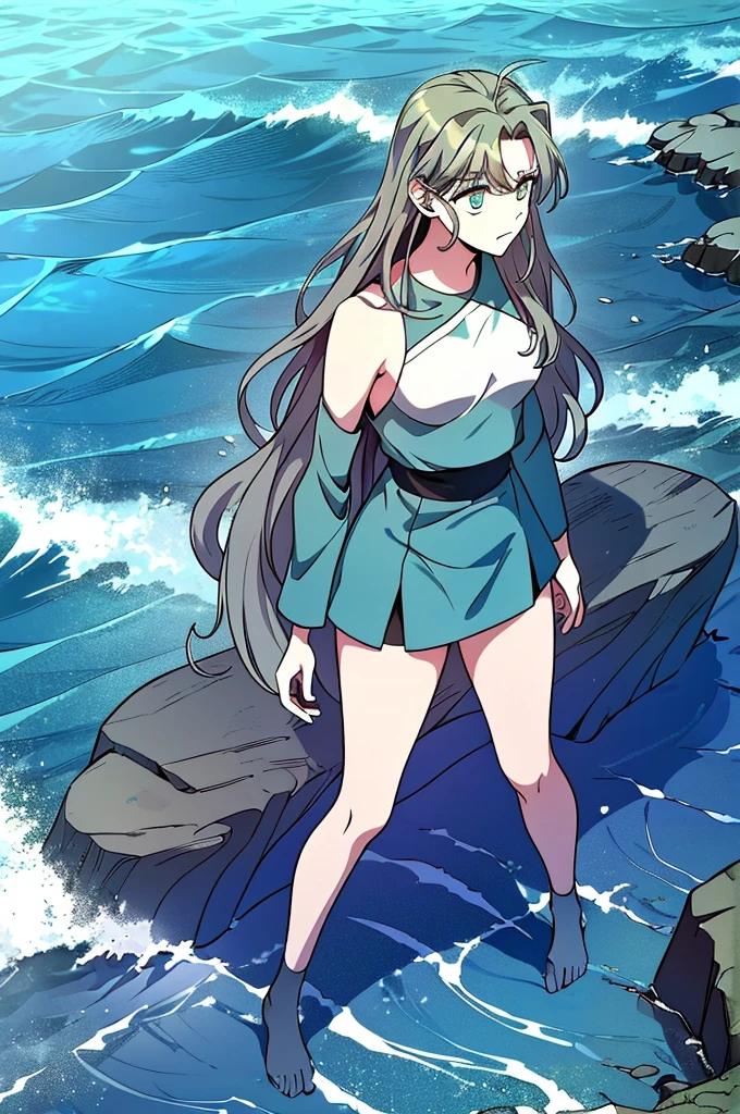 ((((High-resolution detailed face, detailed eyes:0.9))), 1girl, serious, standing, (standing on rocks, ocean background:0.9), blue eyes, long hair, wavy hair, ((wavy hair with seaweed:0.7)), green skin, ((defined facial features:0.9)), (segmented body), (detailed fingers), (ocean-blue clothing), ((wavy seaweed around arms), (seaweed wrapped around legs), (ocean-blue sea life:0.9))), looking down, ((focused gaze)), ((hands resting on hips)), full-body shot, outdoor, ocean, sea life, ocean waves, ripples:0.9, 25 years old, (wistful expression), (((oceanic surroundings))),