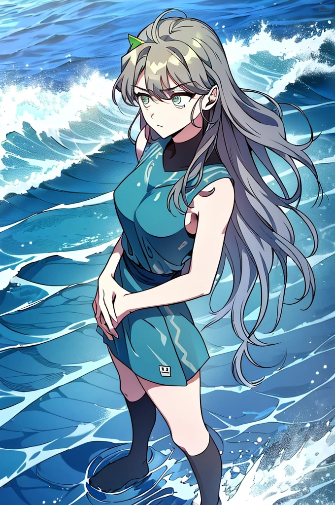 ((((High-resolution detailed face, detailed eyes:0.9))), 1girl, serious, standing, (standing on rocks, ocean background:0.9), blue eyes, long hair, wavy hair, ((wavy hair with seaweed:0.7)), green skin, ((defined facial features:0.9)), (segmented body), (detailed fingers), (ocean-blue clothing), ((wavy seaweed around arms), (seaweed wrapped around legs), (ocean-blue sea life:0.9))), looking down, ((focused gaze)), ((hands resting on hips)), full-body shot, outdoor, ocean, sea life, ocean waves, ripples:0.9, 25 years old, (wistful expression), (((oceanic surroundings))),