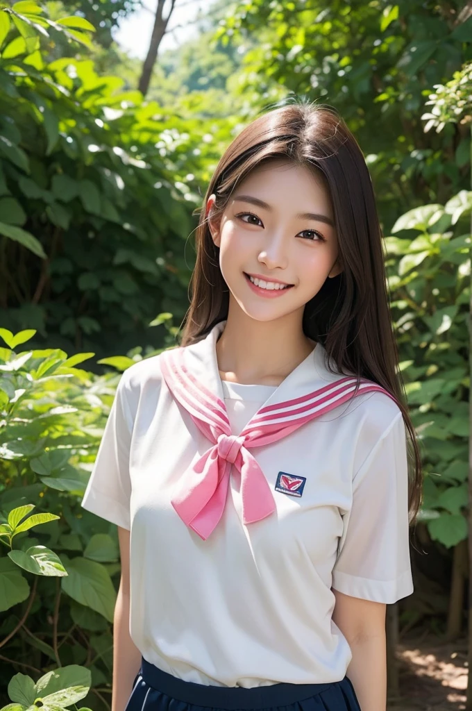 Image resolution 8K、masterpiece:1.3)、Beauty、1 female、(魅力的なbody:1.2)、abdomen:1.1、Dark Brown Hair:1.1、(body:1.2)、Ultra-detailed face、Attractive lips、double eyelid、Super realistic and detailed super cute in a white short sleeve sailor suit and pink skirt、Japanese 、Japanese women、10th generation(17 years old)、There is a forest in the background、Smiling with a nice smile、Hair fluttering in the wind、Take a photo with a nice pose、