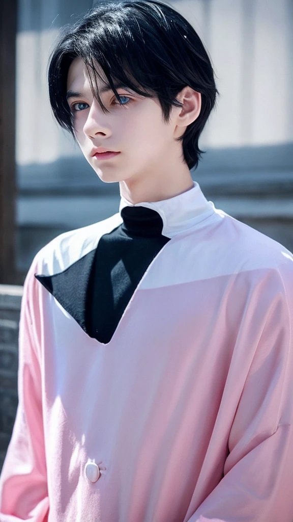 Boy with neck-length black hair, slightly wavy.
- Pale skin with a slight pink tint.
- Intense blue eyes, that shine with a supernatural touch.