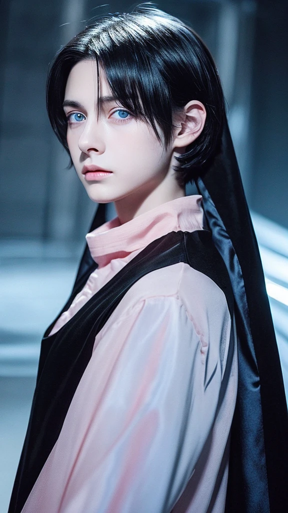 Boy with neck-length black hair, slightly wavy.
- Pale skin with a slight pink tint.
- Intense blue eyes, that shine with a supernatural touch.