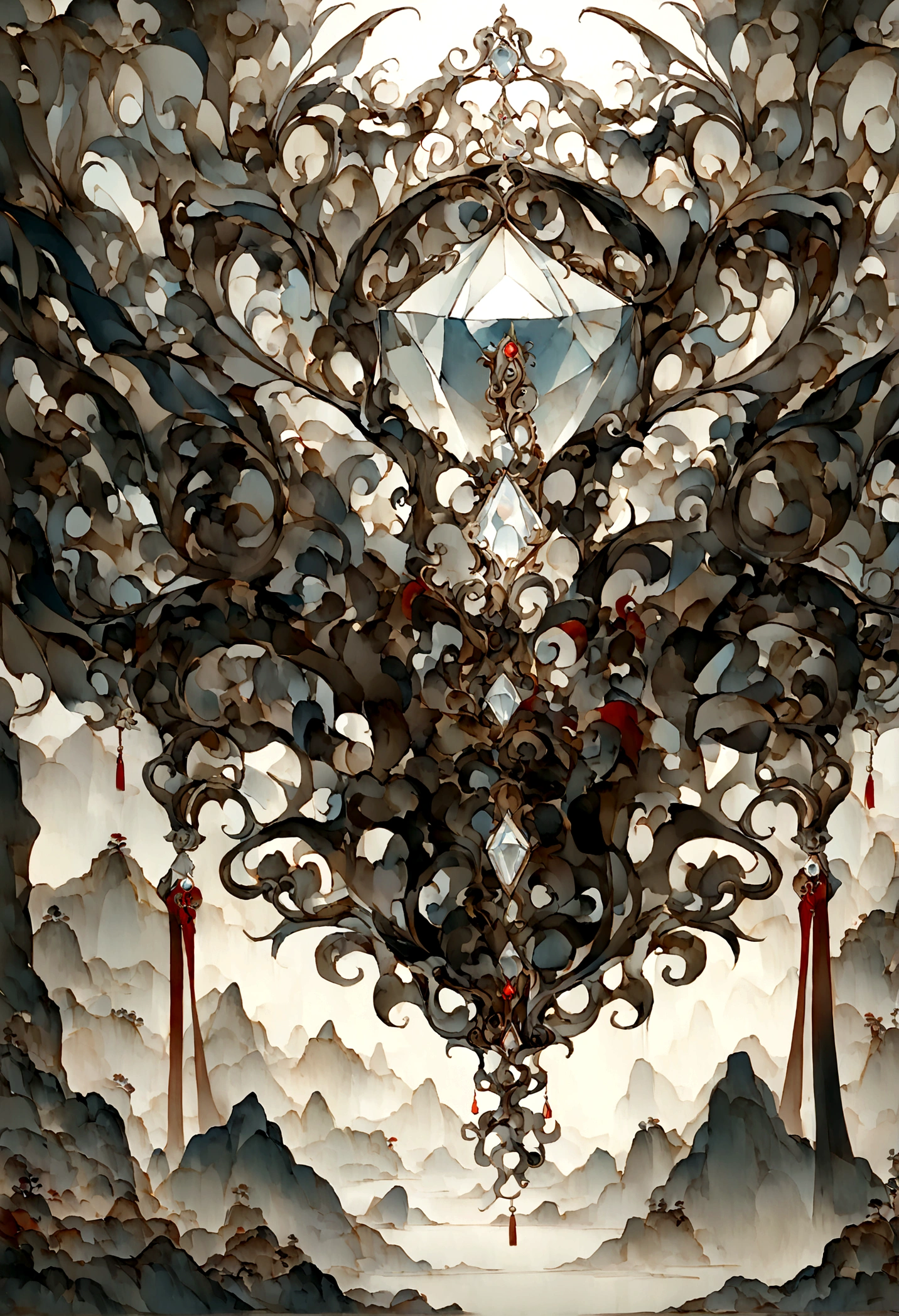 ((Chinese style,Immortal World,Xianxia World)),Mountain,Mist,(((Cave,)))mystery,(A white gemstone,flash),nobody,Close-up,((Chinese style))