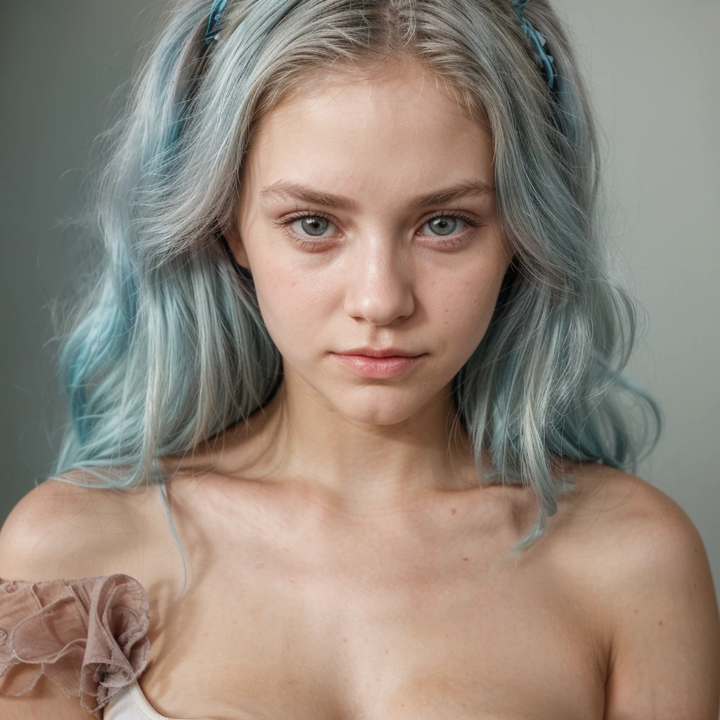 cute American girl, dainty small lips, pointed face, pastel blue hair with faded roots, innocent look, 18 years old girl, ( focus on face, shallow focus:1.2), head and shoulders portrait, 4k, natural lighting, film grain,