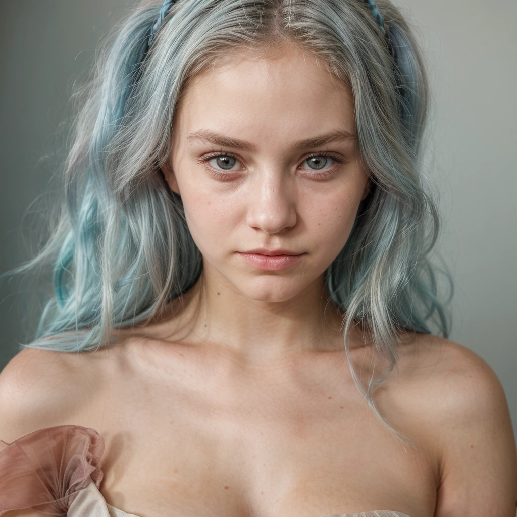 cute American girl, dainty small lips, pointed face, pastel blue hair with faded roots, innocent look, 18 years old girl, ( focus on face, shallow focus:1.2), head and shoulders portrait, 4k, natural lighting, film grain,