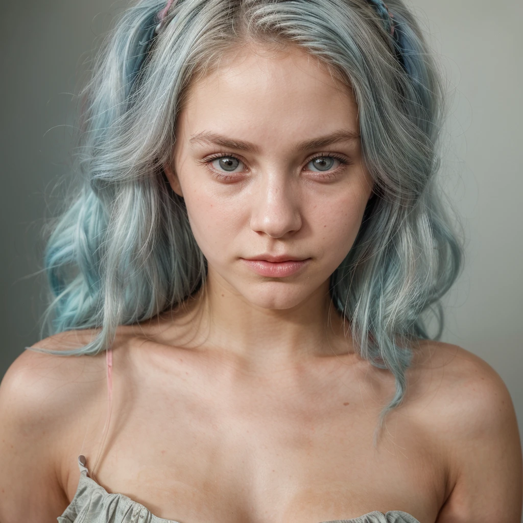 cute American girl, dainty small lips, pointed face, pastel blue hair with faded roots, innocent look, 18 years old girl, ( focus on face, shallow focus:1.2), head and shoulders portrait, 4k, natural lighting, film grain,