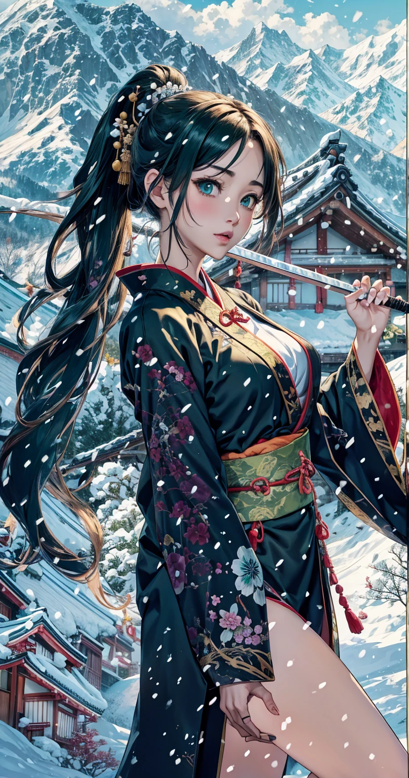 cute、Snow Mountain、Japanese house、Carrying a Japanese sword in his left hand、Dark green kimono、Thighs exposed、It's snowing、A world of silver、Yellow-green floral kimono、The Japanese sword he is holding in his left hand shines brightly.