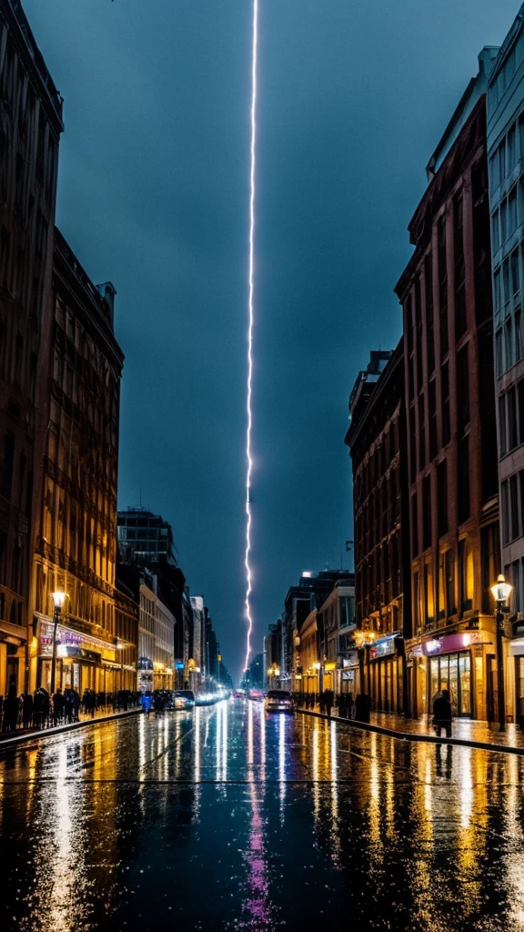 Rain falling on the city at night