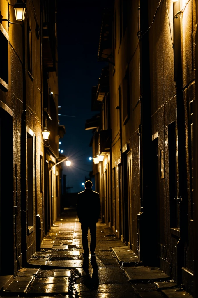 Sad and lonely man in an alley at night.