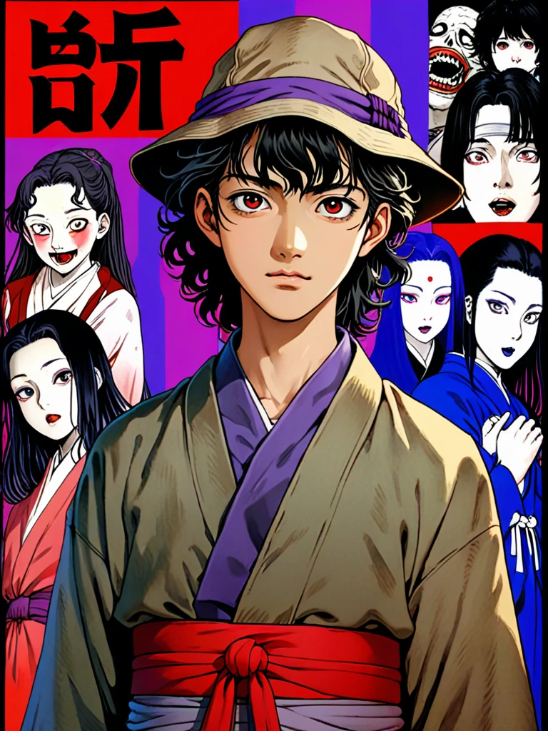 illust、art、from 80s horror movie, directed by Junji Ito、directed by seishi yokomizo、A young Japanese man with black, curly hair、Plain clothing、Wearing a khaki bucket hat、Wearing a haori、Wearing a collarless shirt、Hakama、Wearing geta、Scholar、cool、Nihil、high detail, realsitic shadow、Analog style, vhs style, 8mm film, chromatic aberration, Dvd screengrab、Blue-purple and red-purple gradation、Surrealism、Mystery、Horror、dark、1930s、Japanese style retro、古い日本のHorror小説の表紙