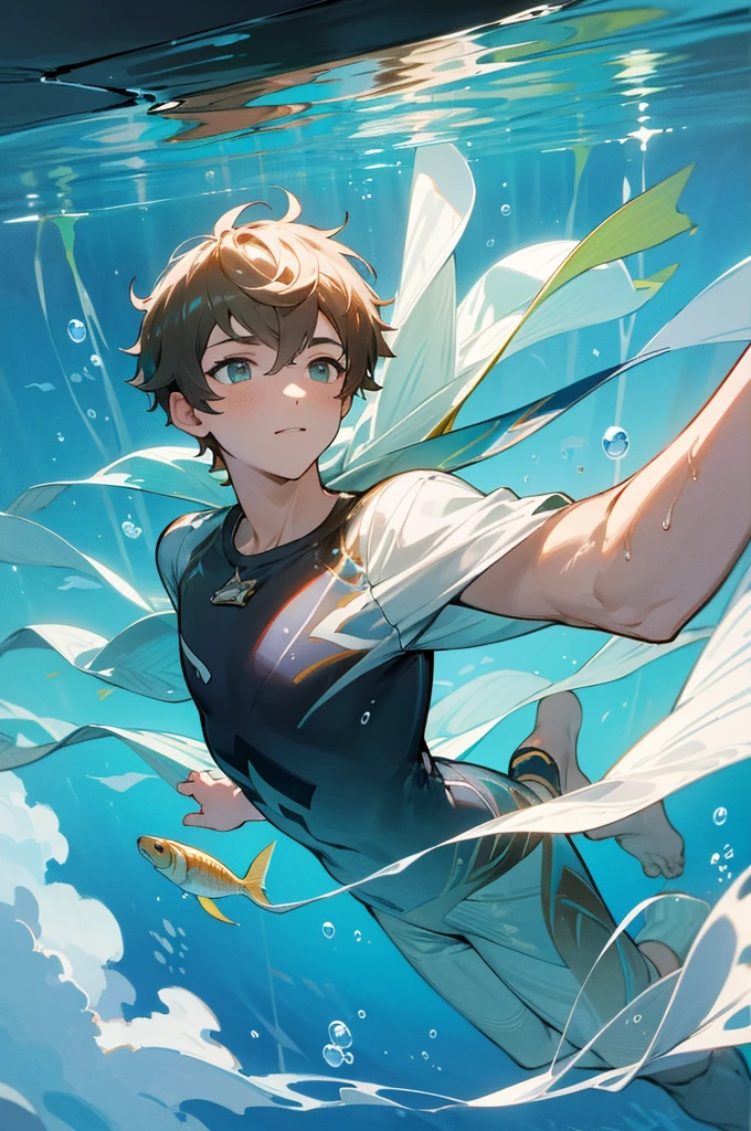 highres, masterpiece, best quality,8k, perfect face, expressive eyes, 1boy, underwater, happy, swimming underwater, creative, underwater view, fish, genshin impact official art, official art, full body, looking away from viewer, trending on pixiv, swimming, floating